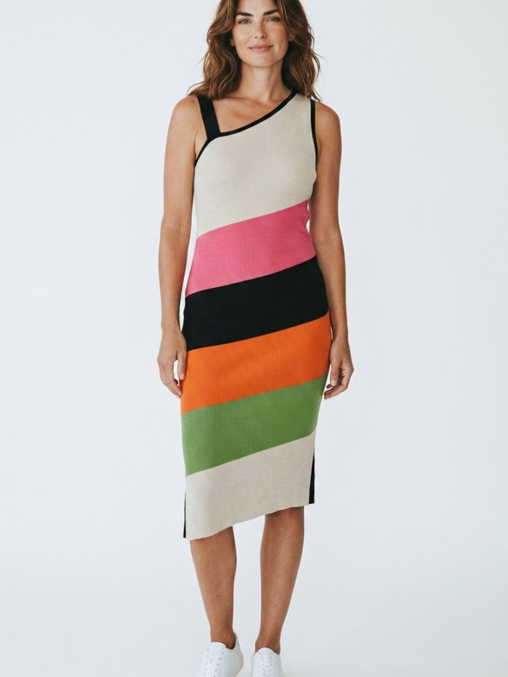 Ashley Stewart Size 18 Striped Asymmetric Sweater Dress Pink Black Green